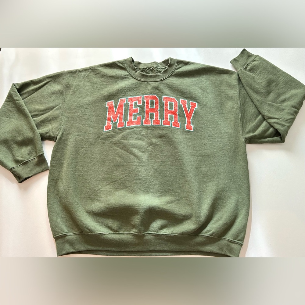 Green Sweatshirt with Red 'Merry' Print, Size X-Large